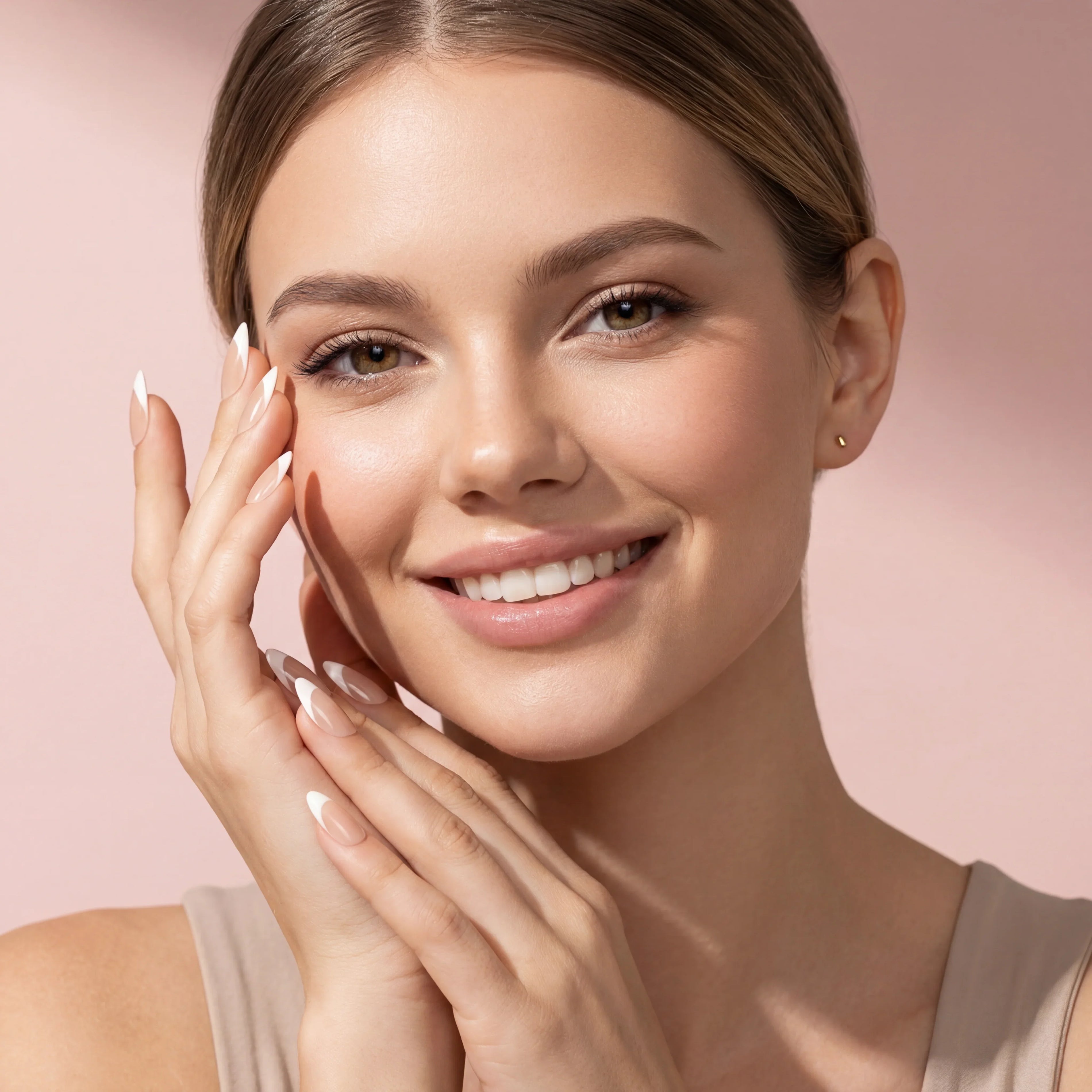 Woman with elegant French tip press-on nails, showcasing salon-quality, reusable nail art for everyday beauty.